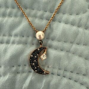 Elegant Gold and Black Crescent Moon Necklace Swarovski